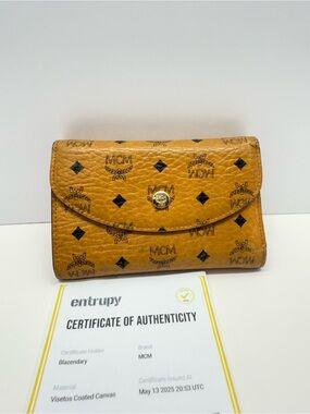 MCM Visetos Coated Canvas Fold Wallet in Cognac Brown Pink Interior
